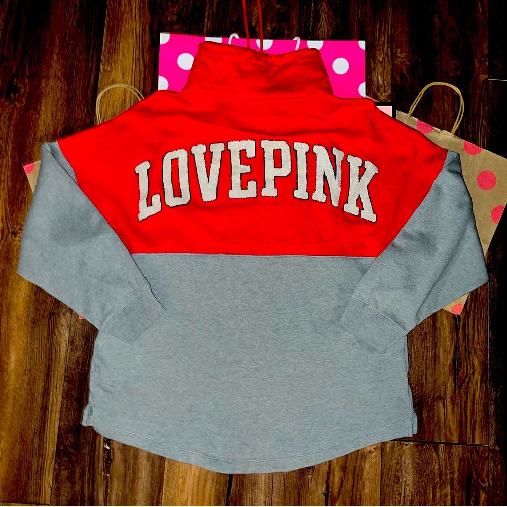 VS PINK Size MEDIUM Red/Grey Fuzzy Patch Varsity Cowl Pullover Sweater.